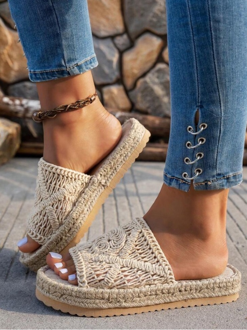Woven Open-Toe Slide Sandals - Beige